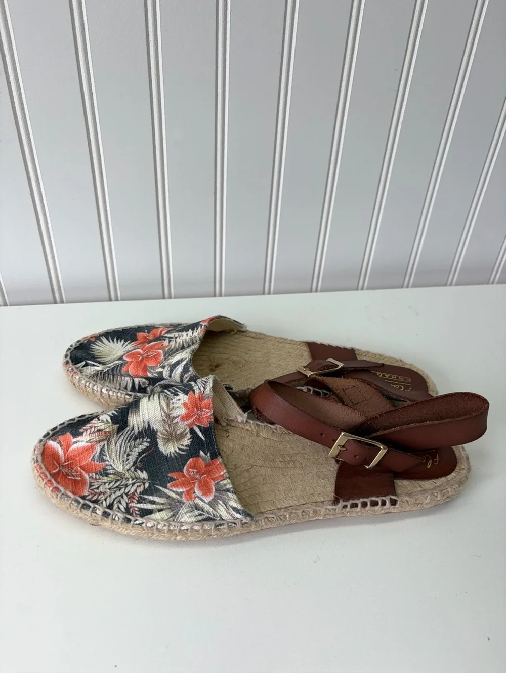 Floral Canvas Espadrille Sandals with Brown Ankle Strap - Navy & Orange